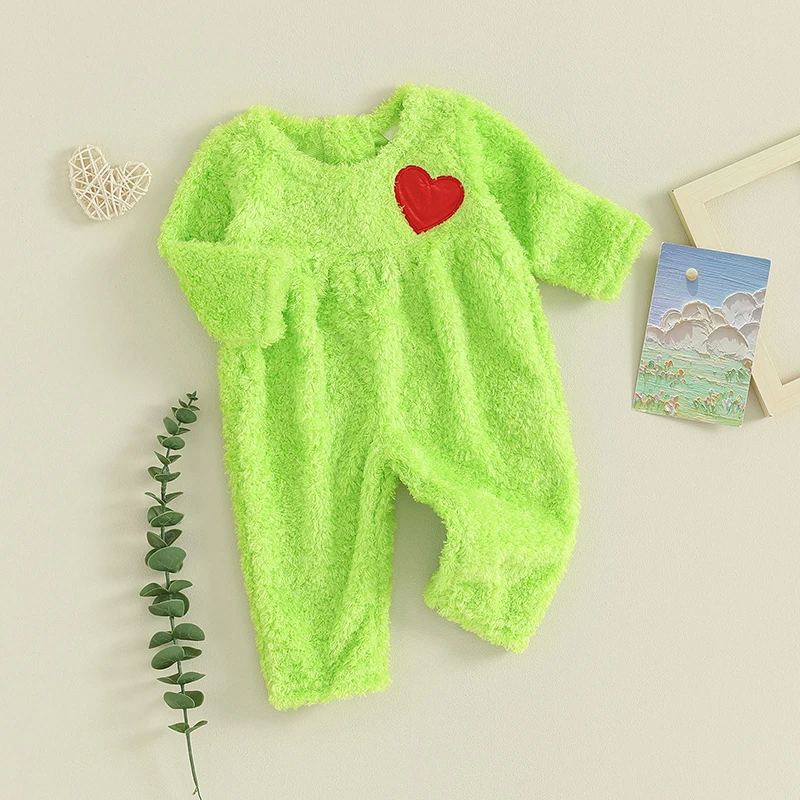 Baby Boys Girls Christmas Jumpsuits Fuzzy Long Sleeve Heart Pattern Rompers Newborn Green Monster Costume