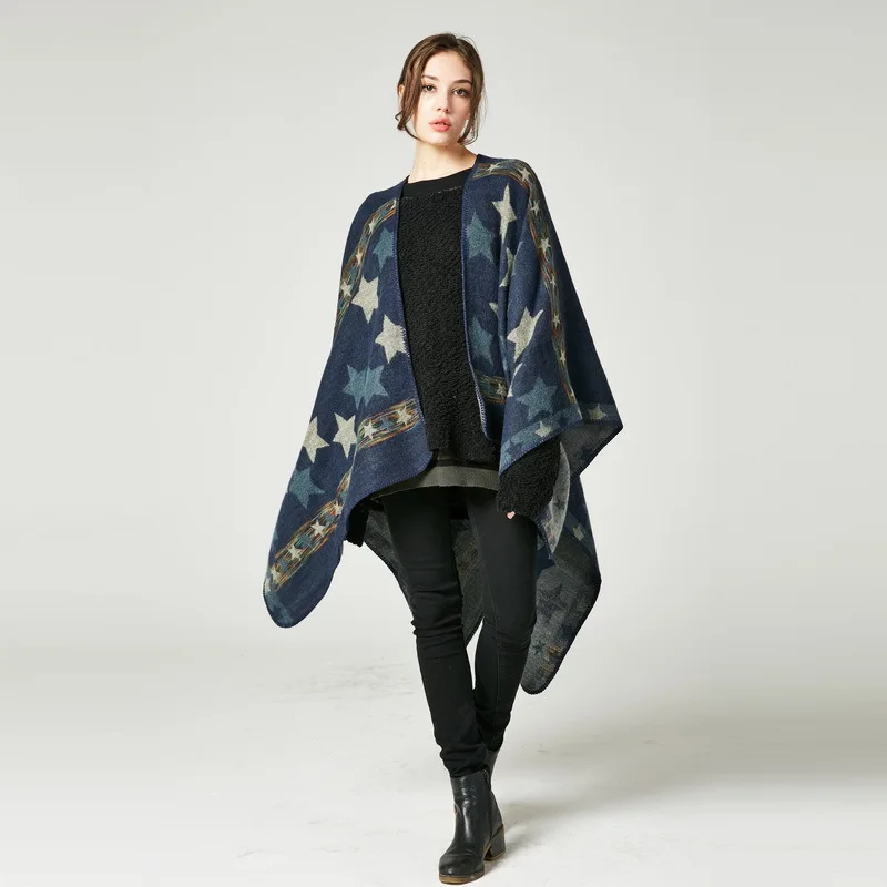 

New Reversible Temperament Women's Fashion Star Pattern Shawl Warm Thick Large Size Fame Style Comfortable Soft Loose Poncho