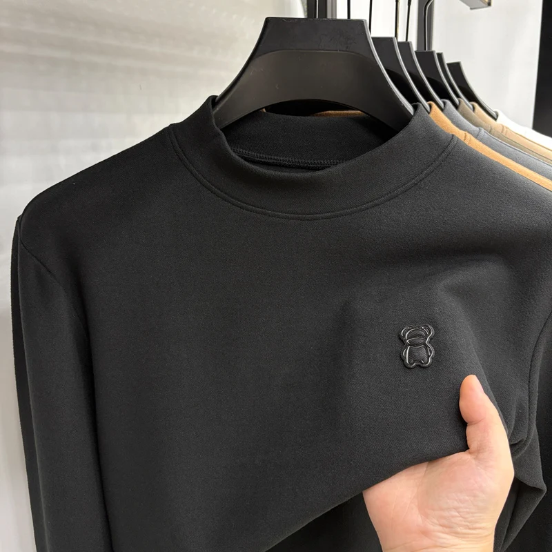 Designer Original Men's Mock Neck Long Sleeve Tee Soft Stretch Minimal Embroidery Base Layer Casual Business Autumn Winter Men's