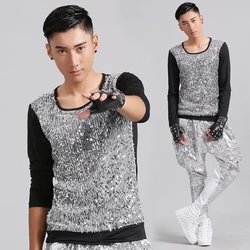 Male Sequins T-shirt Dance Costume Male Casual Loose Tops Personalized Singer Dancer Hip Hop Rock Performance Nightclub Clotthes