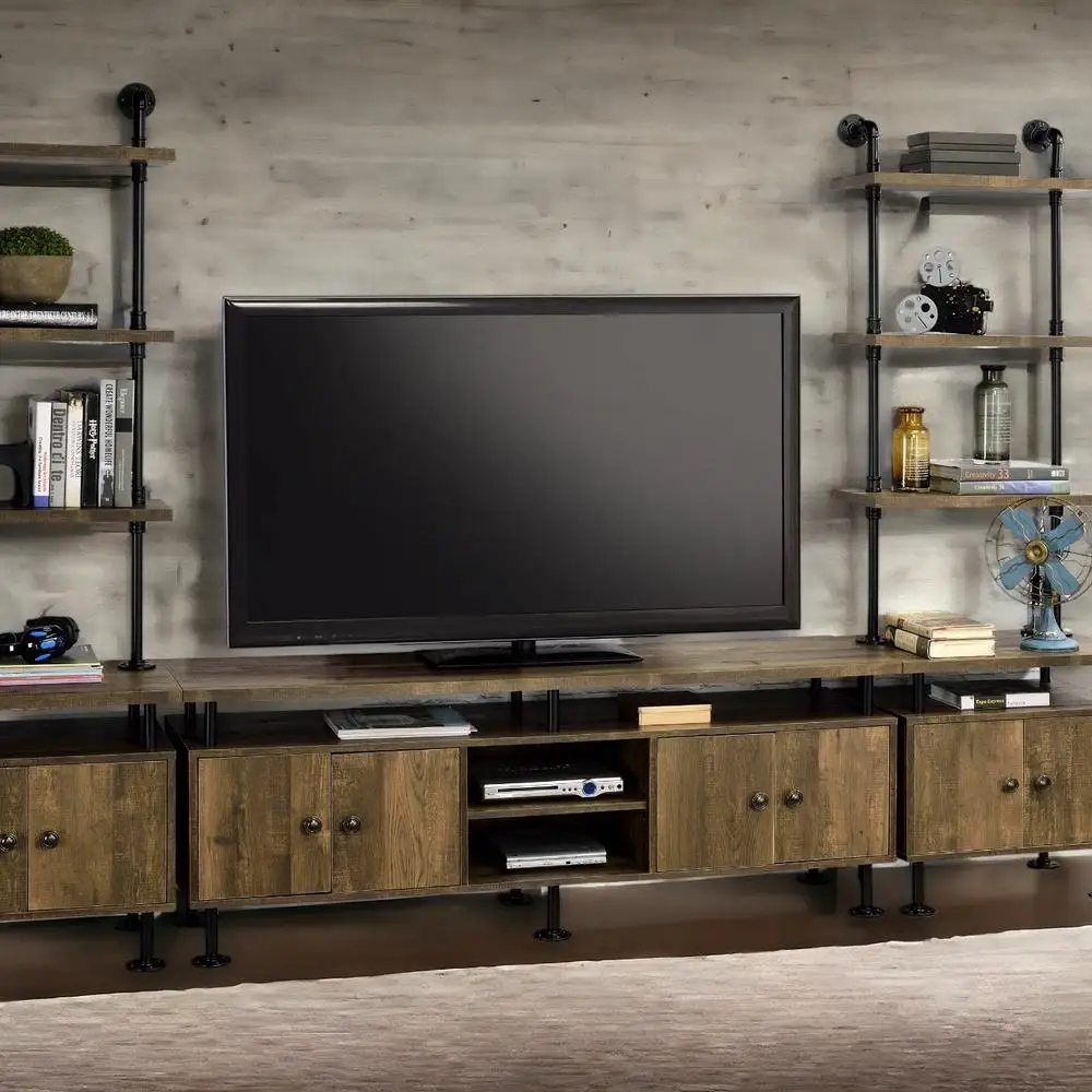 

Rustic Oak TV Stand Media Console with 4 Door Storage & 4 Open Shelves Water Pipe Style for 60 Inch TV Black Metal Frame
