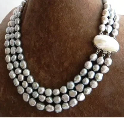 

3Strands 18'' 9mm Gray Baroque Freshwater Pearl Necklace