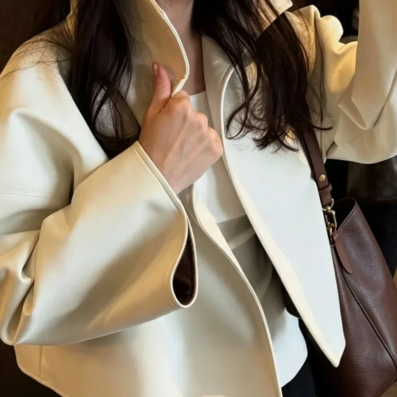 Women Cropped PU Leather Jacket Stand Collar Wide Flare Sleeve Asymmetrical Wrap Open Front Coat 2026 Autumn Chic Loose Jackets