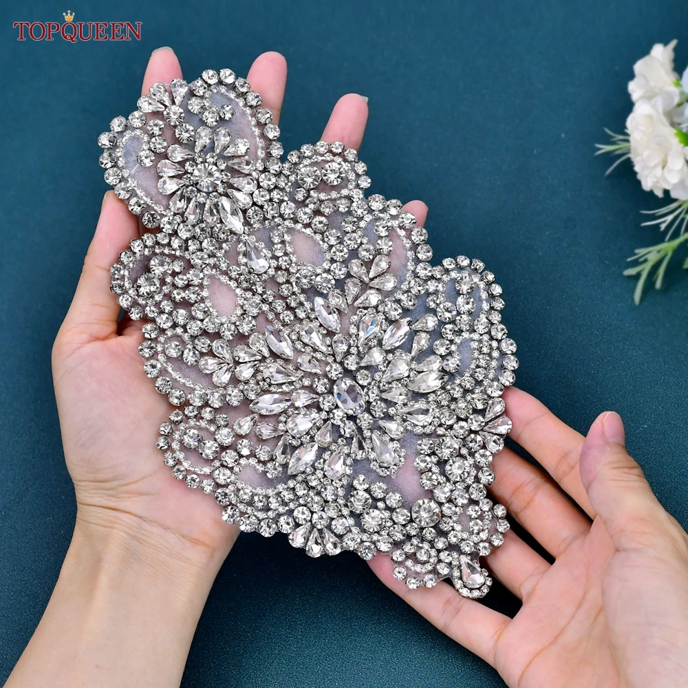 TOPQUEEN Bridal Sew on Applique Epaulets for Women Appliques on Clothes Large Patches Neckline Bead and Rhinestone Patches SP01