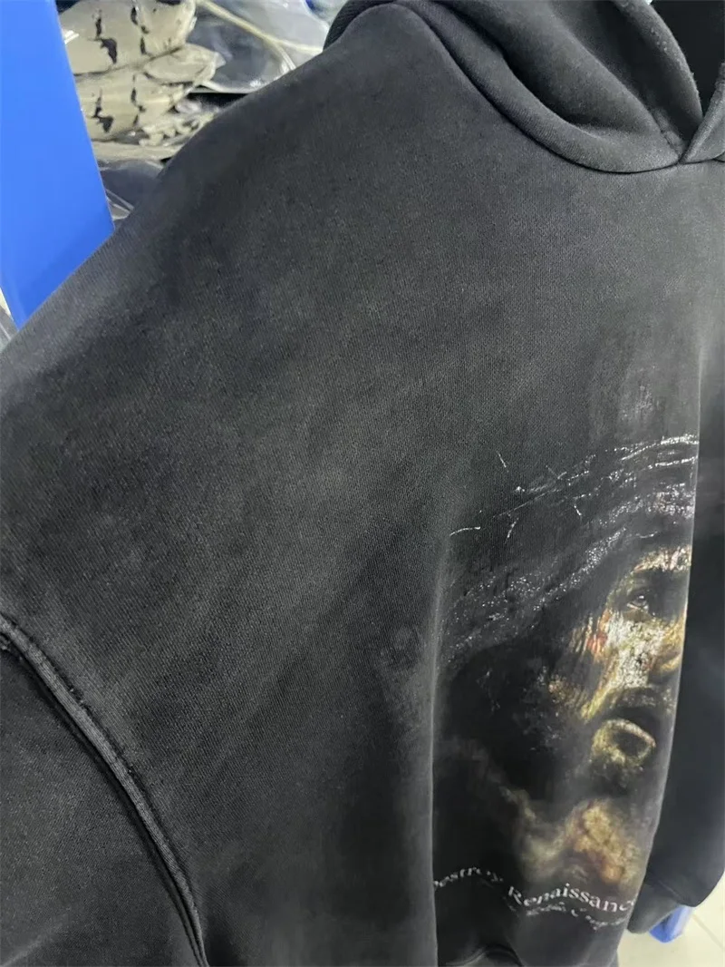

Jesus Portrait Printed Saint Michael Sweatshirts Men Women Washed Black Oversized Hoodies