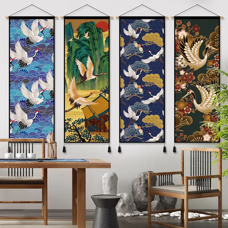 Japanese Living Tea Room Tapestry Background Cloth White Crane Attracting Wealth Entrance Entrance Art Wall Decoration Painting