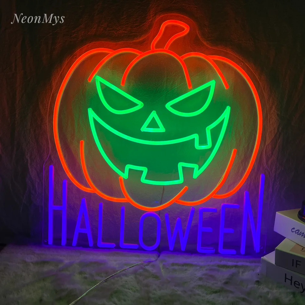 

Halloween Pumpkin Ghost Face Neon Sign Club Bar Shop Home Wall Decor Halloween Day's Party Bedroom Decorations Support Custom