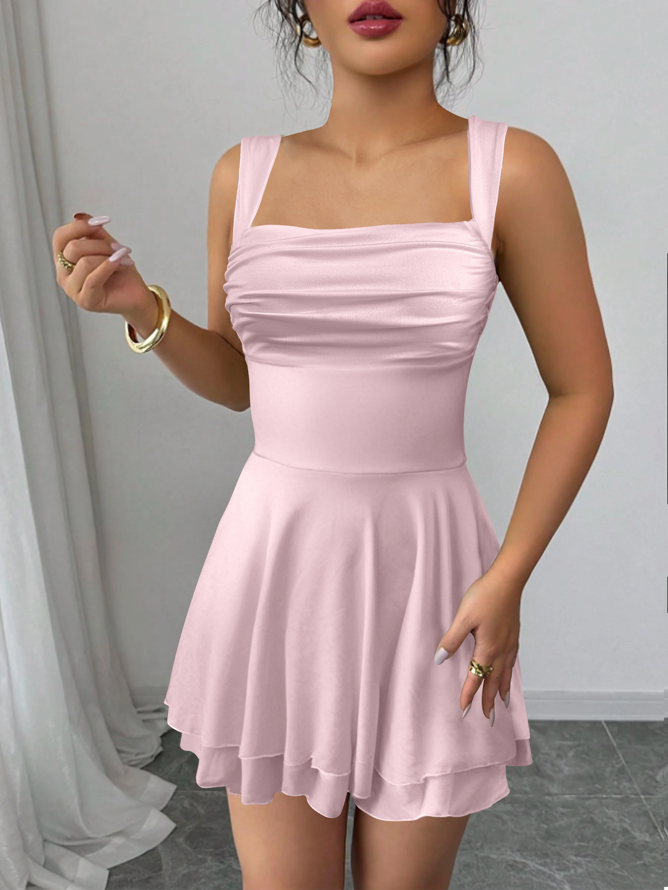 Sexy pescoço quadrado ombro fino ajuste vestido discotecas festas elegante dupla camada babados borda inchado saia feminina mini saia