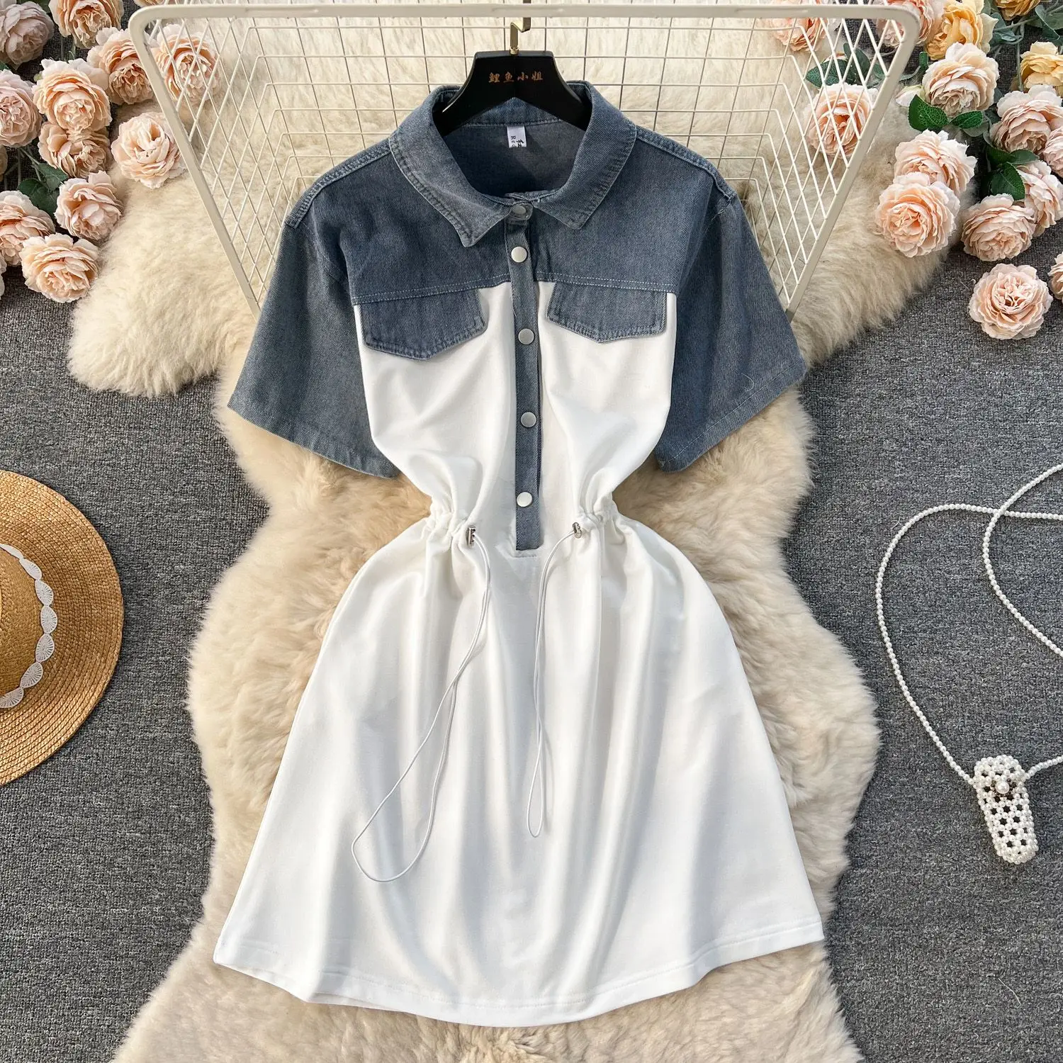 Eleganckie damskie dwuczęściowe koszulki jeansowe z naszywkami, patchworkowe jeansowe T-shirty z krótkim rękawem, sukienki mini w kształcie litery A ze sznurkiem w pasie, Vestidos