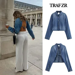 TRAF ZR Backless Demin Shirts for Women Y2K Top Women's Long Sleeve Top Vintage Stylish Blouses Female Shirt Blouse 2024 Woman