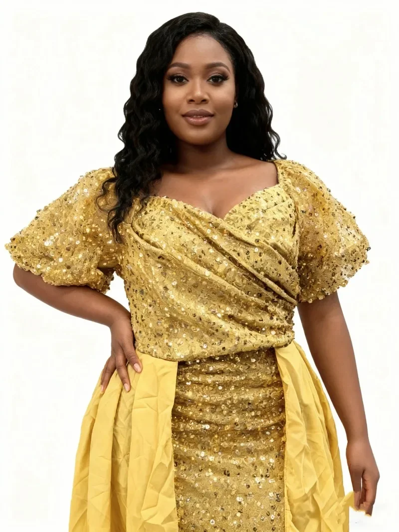 فساتين أفريقية مقاس كبير بالترتر للنساء للخريف أنيقة أفريقية بأكمام قصيرة من البوليستر فستان طويل للحفلات المسائية #1