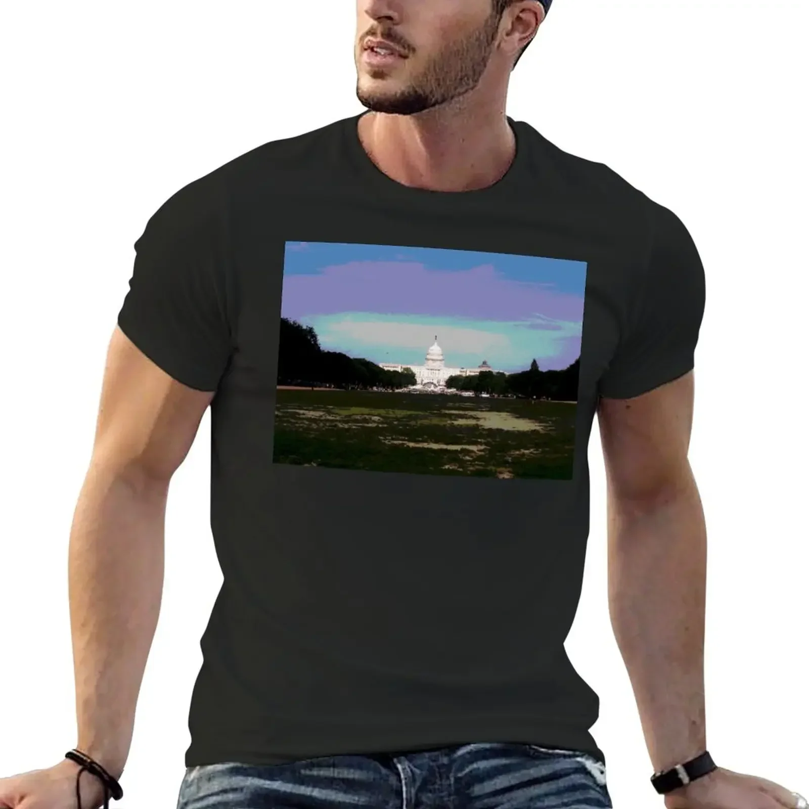 Washington D.C. capital building photo manipulation T-Shirt summer top korean fashion mens clothing