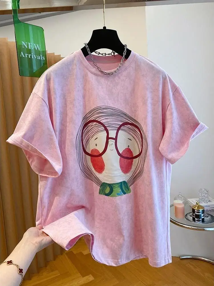 

Свободная корейская розовая футболка с принтом для девочек ort Sve Cotton Base irt, летний модный топ, женская одежда