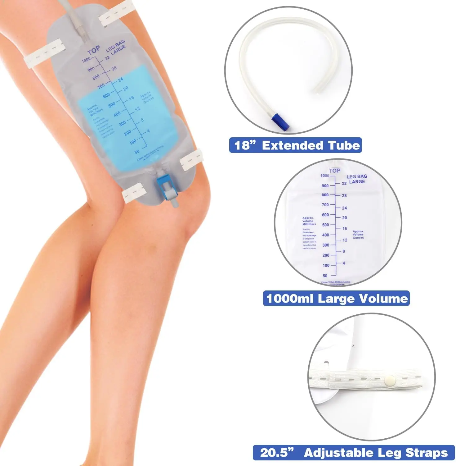 1000ml disposable leg urinary bag, individual packaging, anti-reflux valve, adjustable strap, incontinence drainage bag