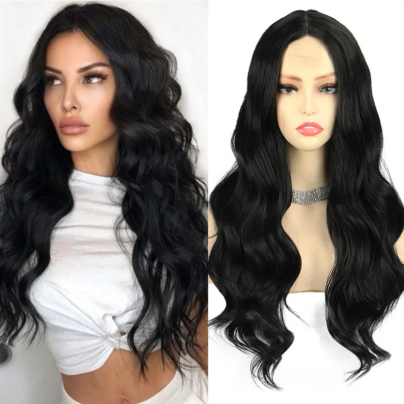 Women\'s Black Long Curly Hair Chemical Fiber Headwear Glueless lace wig