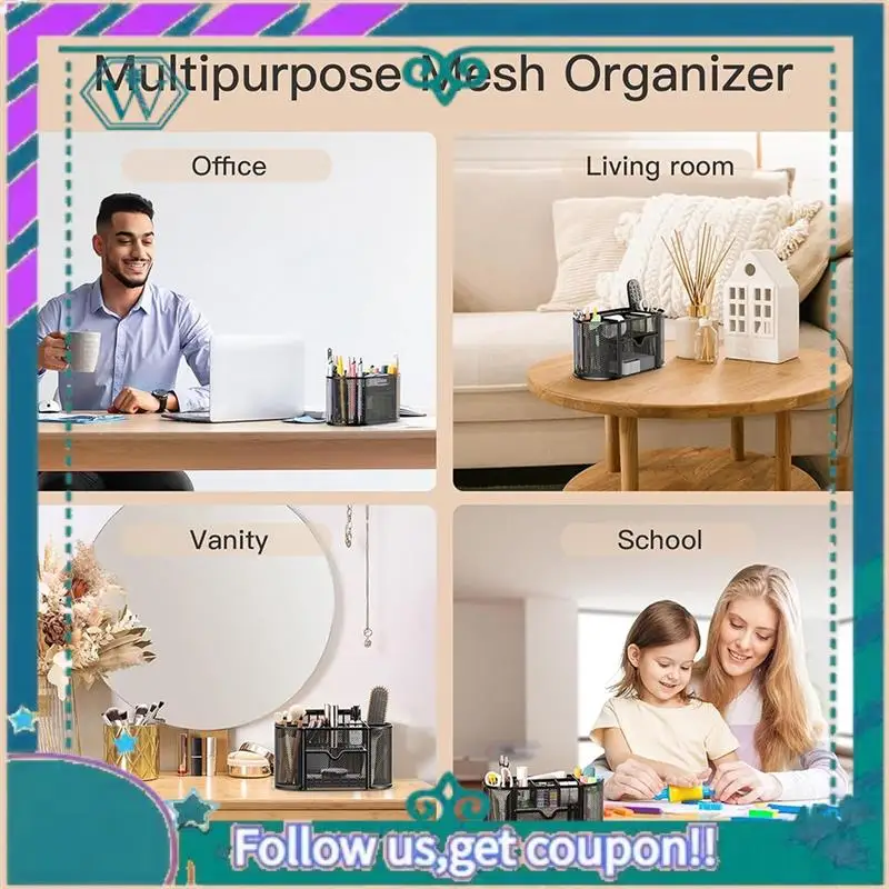 منظم مكتب شبكي لسطح المكتب وحامل أقلام قرطاسية مع 8 مقصورات ودرج واحد للمدرسة والفصول الدراسية وقطعة واحدة #2