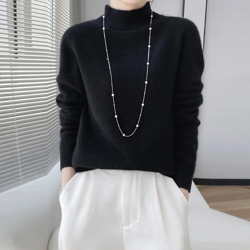 100% Merino Wool Sweater Women's Fall/Winter Half-neck Pullover Loose Knitted Bottom Shirt Long Sleeve Thickened Cashmere Top