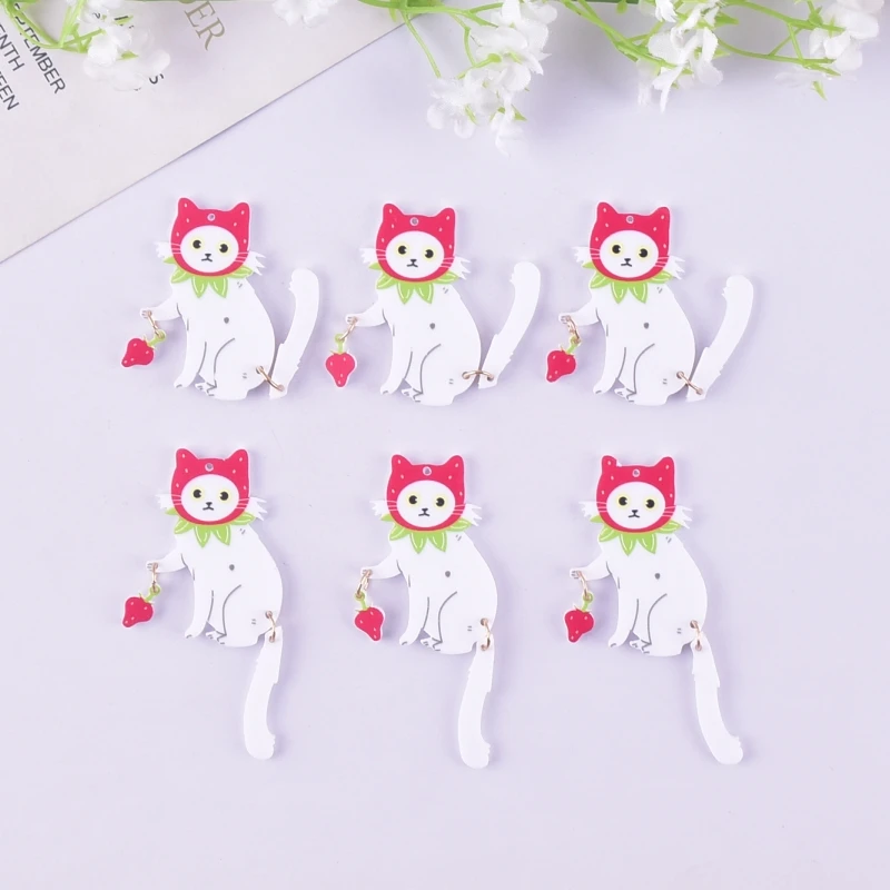 6pcs Cute and Interesting Strawberry Cat Acrylic Charms for Earring Keychain DIY Decoration Fashion Jewelry Accessories