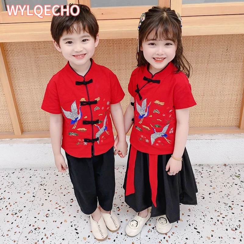 2Pcs Traditional Chinese New Year Costumes Clothes for Kids Spring Festival Tang Suit Girl Boy Sets Short Sleeve Top+Pants+Skirt