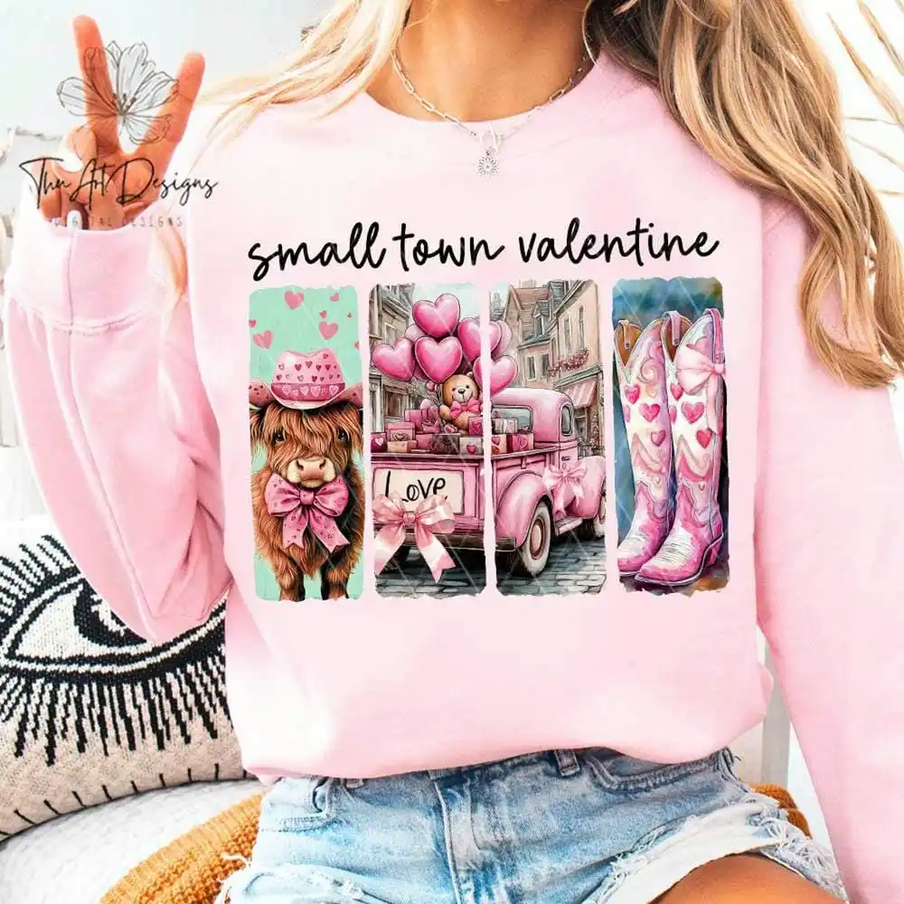 Retro Small Town Western Valentines Day Sublimation Sweatshirt Howdy Valentine Casual Roundneck Fleece Sweatshirt Y2K Streetwear