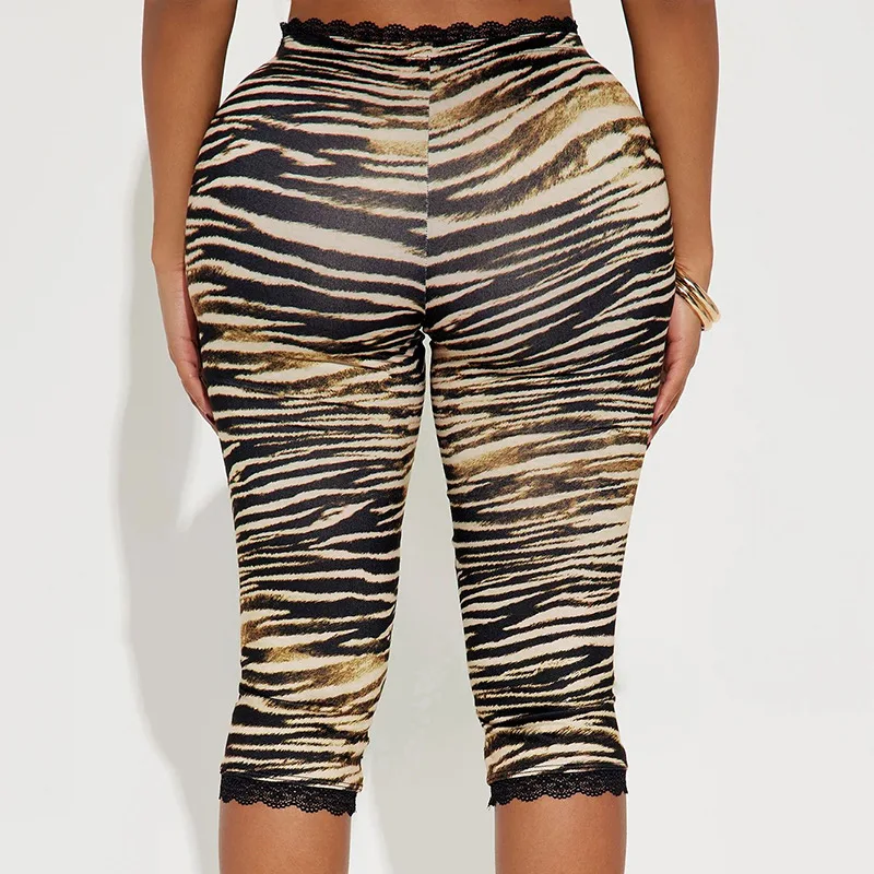 Summer Zebra Stripe Print Pant Women Sexy Lace Spliced Bow Bodycon Bottoms Ladies Streetwear Women Pencil Pants
