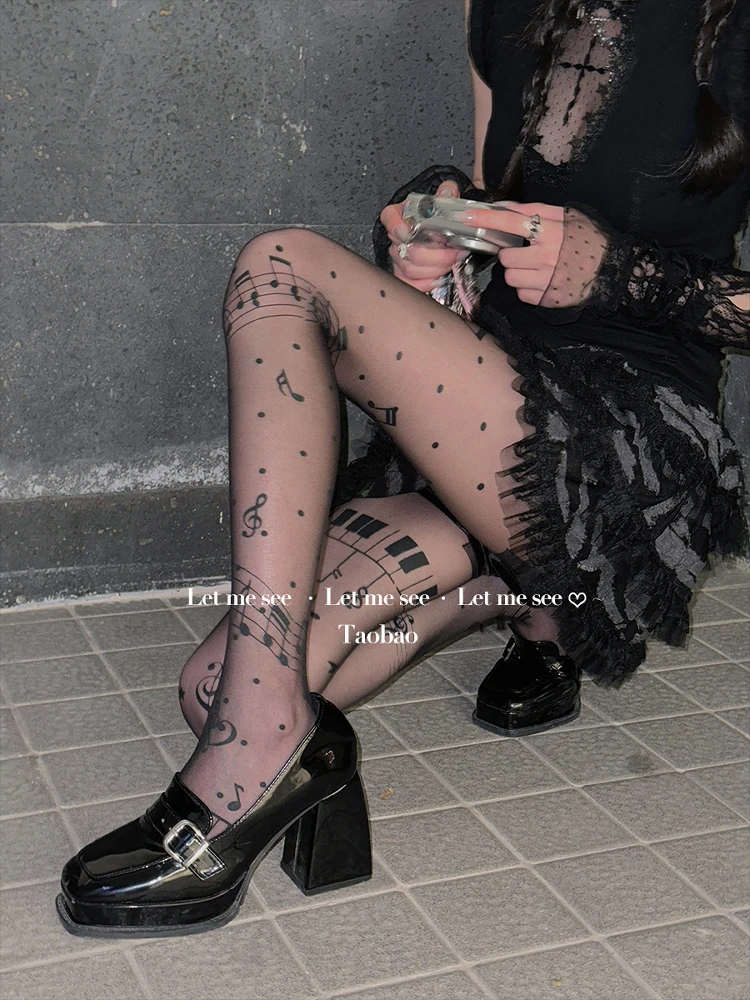 New Original Hot Girl Musical Note Printed Stockings Japanese Subculture Y2K Pure Desire Black Bottoming Pantyhose Women's Socks
