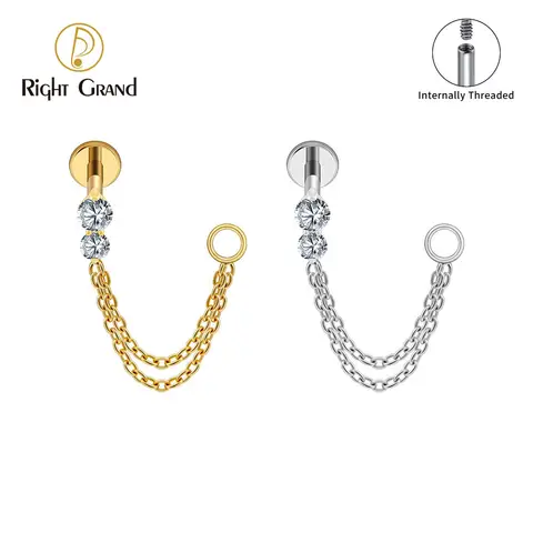 Right Grand Brinco de Corrente Dupla para Piercing em Titânio ASTM F136 (Calibre 16G) com Zircônia – Modelo Pendente para Cartilagem, Hélice e Conch