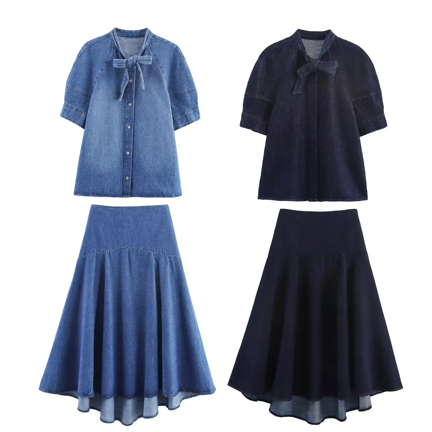 

Women's Bow Embellished Denim Skirt And Bubble Sleeve V-Neck Shirt Set High Waist Pure Color Two Piece Outfit