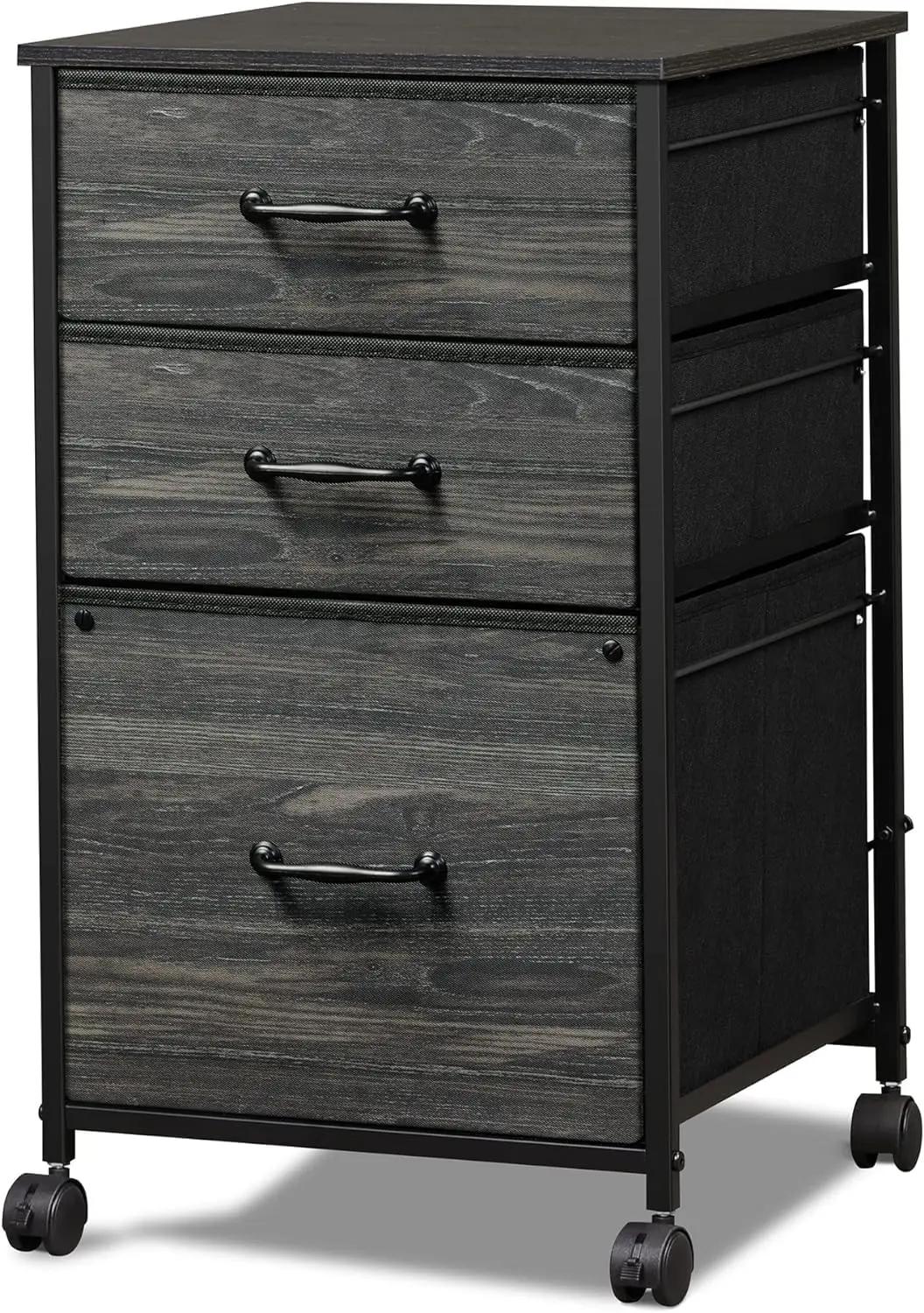 

Rolling Printer Stand with 3 Drawers, Fabric Vertical Filing Cabinet fits A4 or Letter Size, Charcoal Black Wood Grain Print