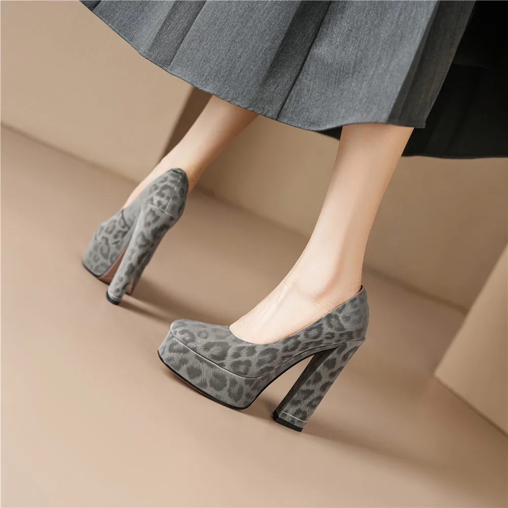 MILI-MIYA Women's Fashion Square-Toe Waterproof Platform Full-Leather High-Heel Shoes Extra-Tall Chunky Heel Leopard-Print Spot-