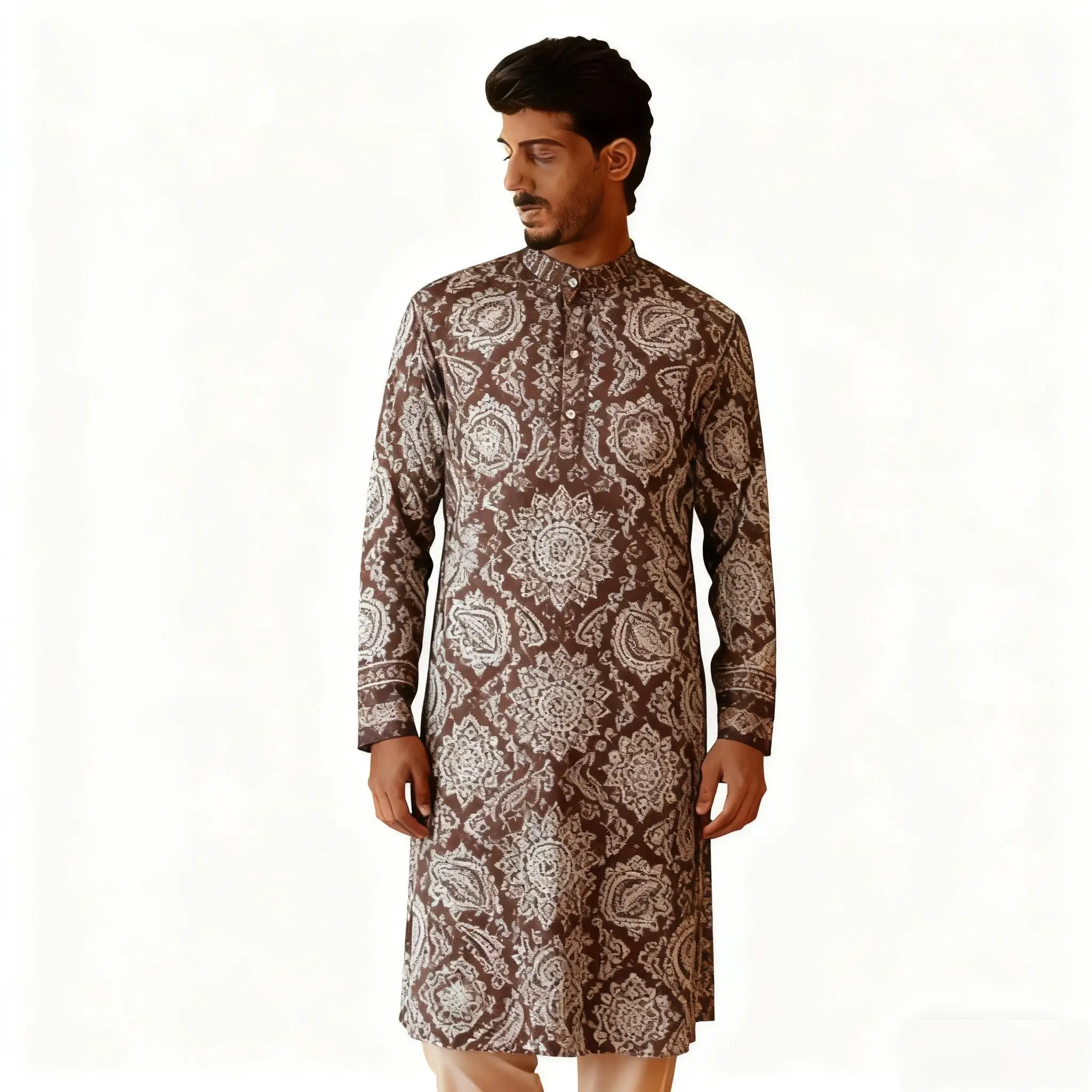 

2026 мусульманская мужская одежда с воротником-стойкой и золотым принтом, рубашка с длинными рукавами, модная повседневная рубашка в стиле хип-хоп Vetements Homme Musulman