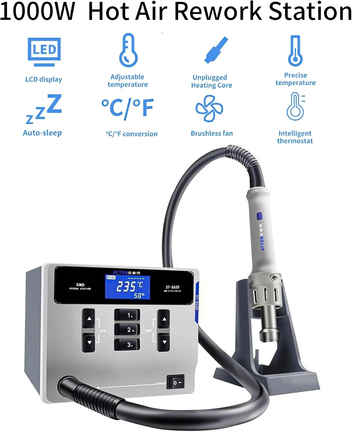 ATTEN ST-862D 1000W Hot Air Gun Soldering Station Lead-free Smart Digital Display Hot Air Rework Station For Phone PCB Repair