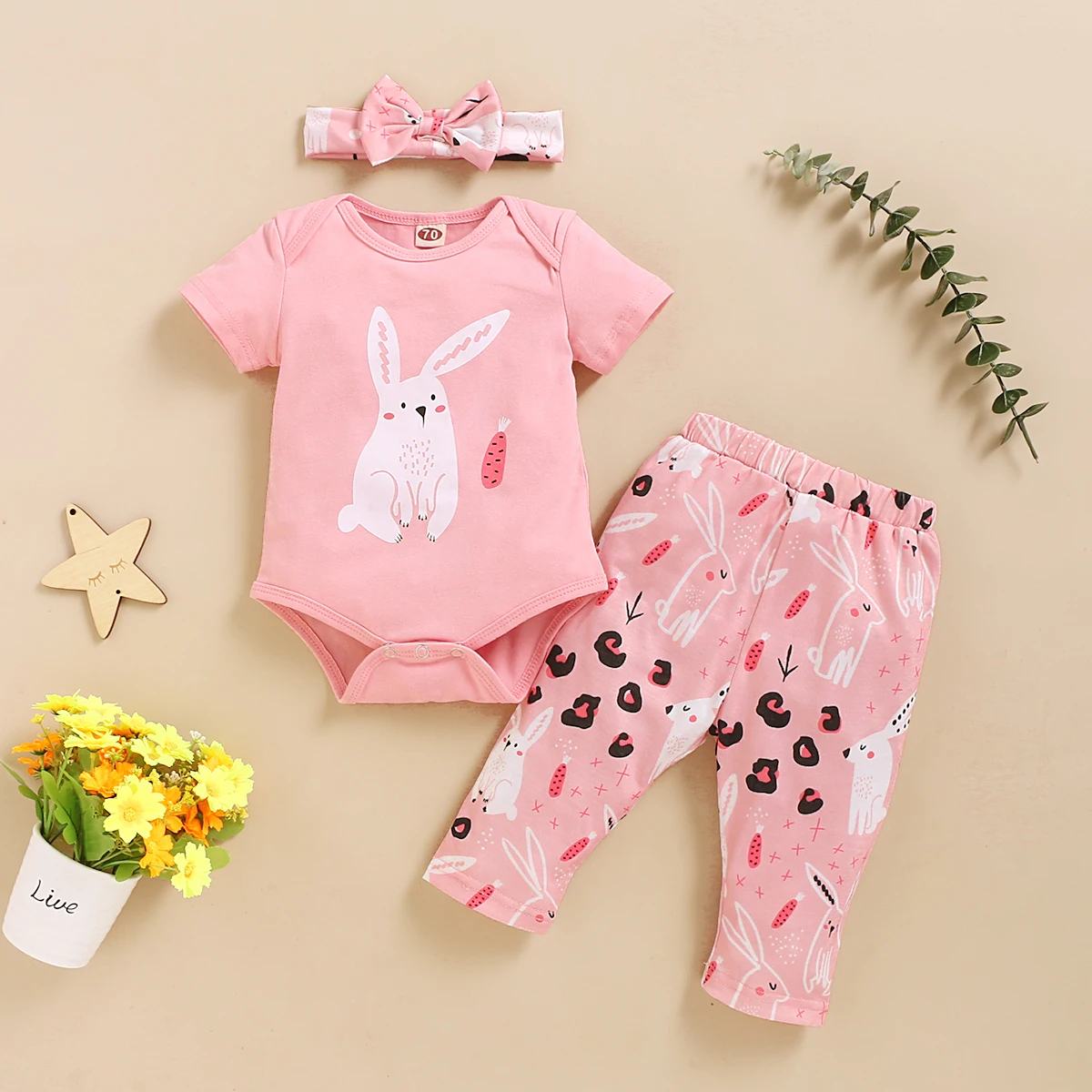 Newborn Baby Girls Romper Set Cute Rabbit Print Romper Pants + Pants with Bowknot 3Pcs Baby Girl Outfit Set Summer Casual Outfit