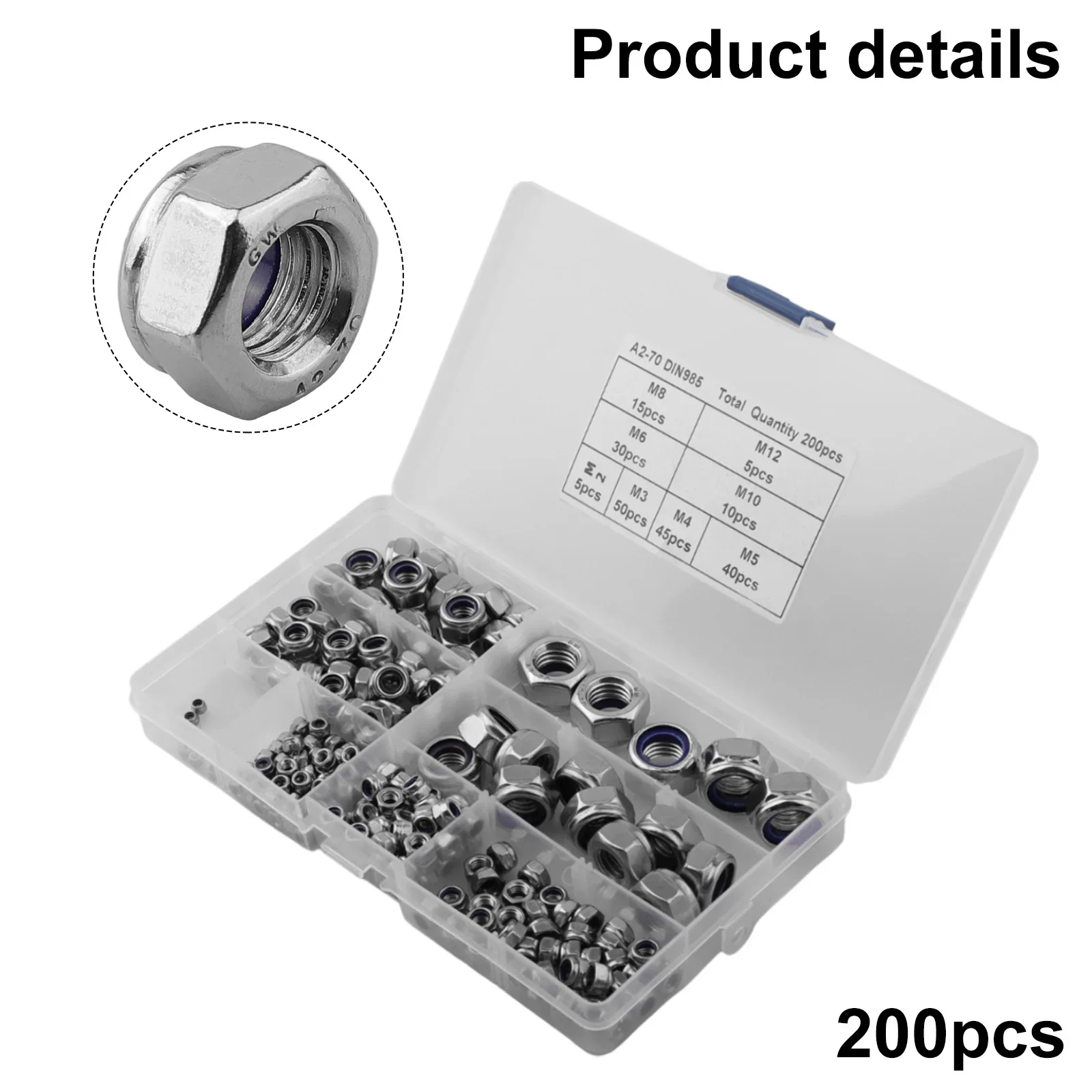 

200 шт. самоблокирующиеся гайки из нержавеющей стали, ассортимент резьбовых вставок, набор шестигранных гаек для складных кроватей, шкафов, шахтеров, двигателей