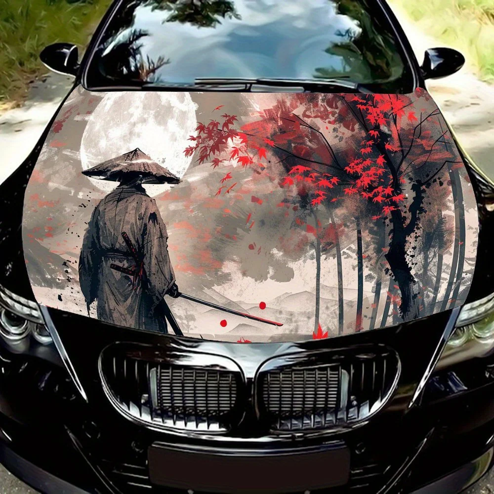 

Mythical Japanese Samurai Car Vinyl Wrap, PVC Waterproof Car Hood Sticker, Self-Adhesive Scratch-Resistant Stickers for Engine C