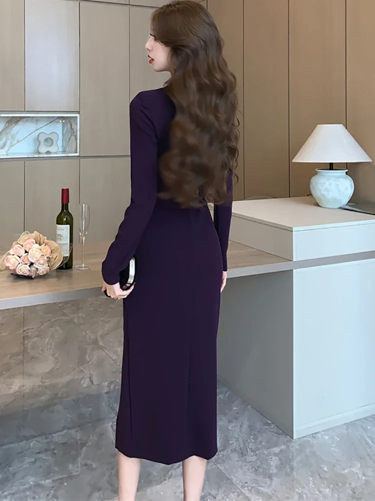 Purpled Elegant Pleated Bodycon Suit Dress for Women 2024 Korean Fashion Formal Dress Autumn Winter Chic Bespoke Occasion Dress