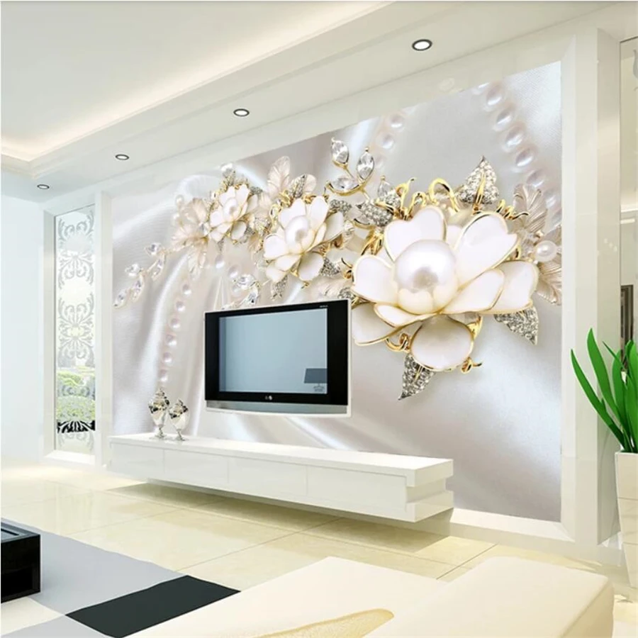 

Custom wallpaper 3d photo mural pearl jewel flower embossed background wall living room bedroom decorative painting 3d wallpaper