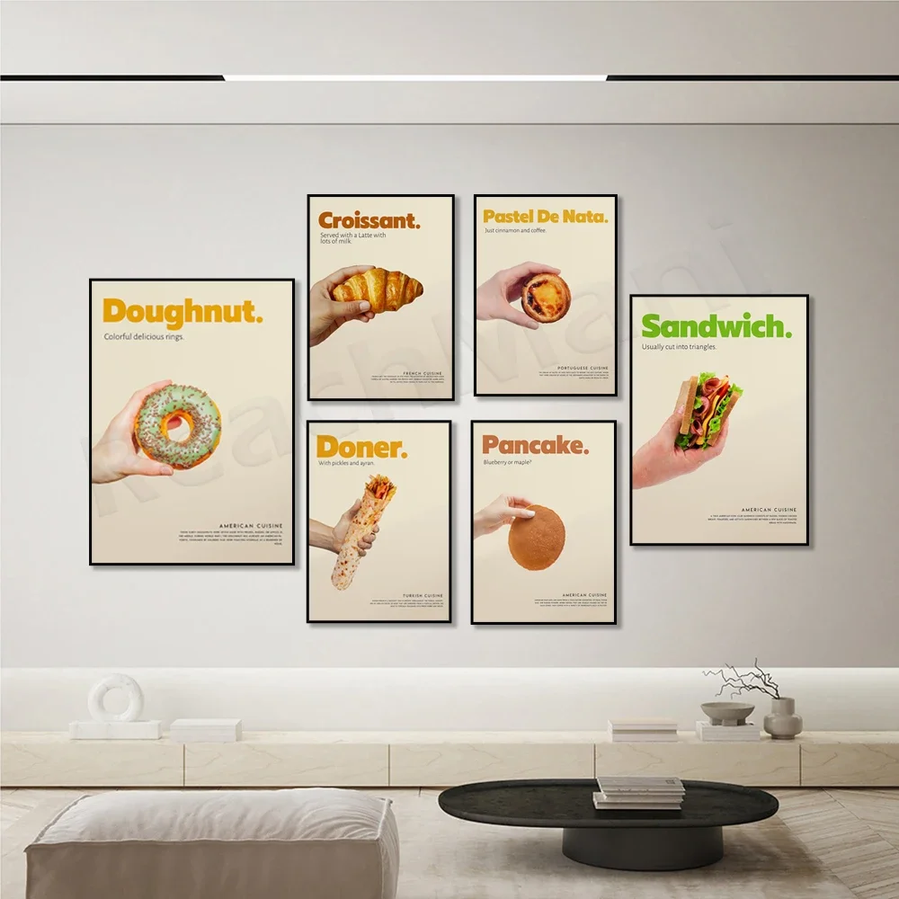 French croissant, American donut, pancake, sandwich, pickles, kebab, burrito, nachos, Pastel De Nata, espresso latte food poster