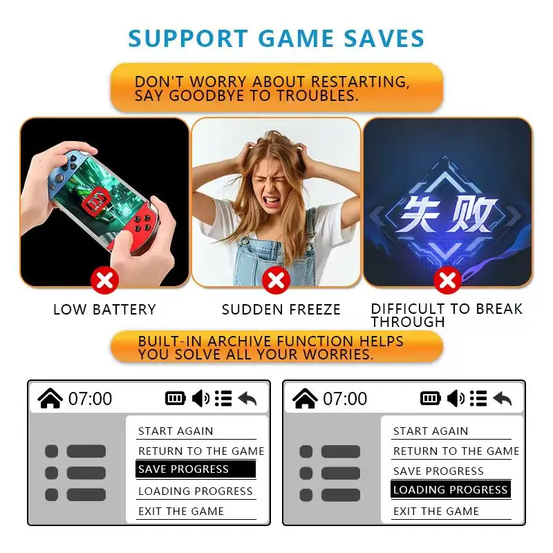 X7/X7PLUS وحدة تحكم ألعاب محمولة 4.3/5.1 بوصة شاشة محمولة عالية الوضوح مع فيديو واضح مدمج في العديد من ألعاب الأركيد الرجعية