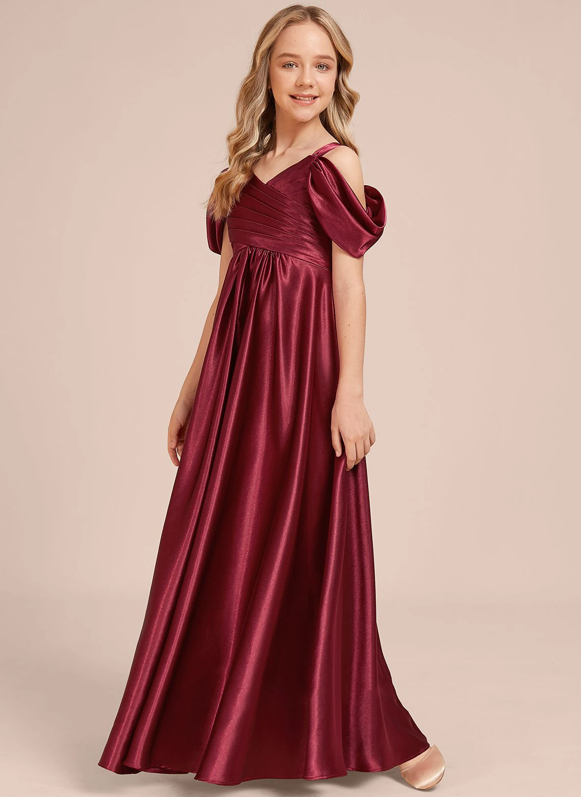 YZYmanualroom A-line Cold Shoulder Floor-Length Stretch Satin Junior Bridesmaid Dress/Customizable