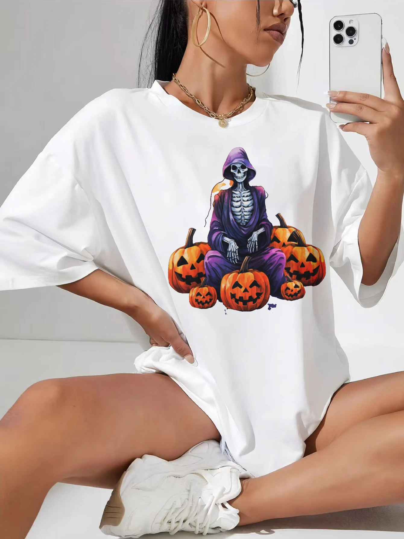 

Halloween Clipart Women's Plus Size White Crew Neck Shirt Cotton Soft Comfy Loose Fit Top with Cute Halloween Print Casual