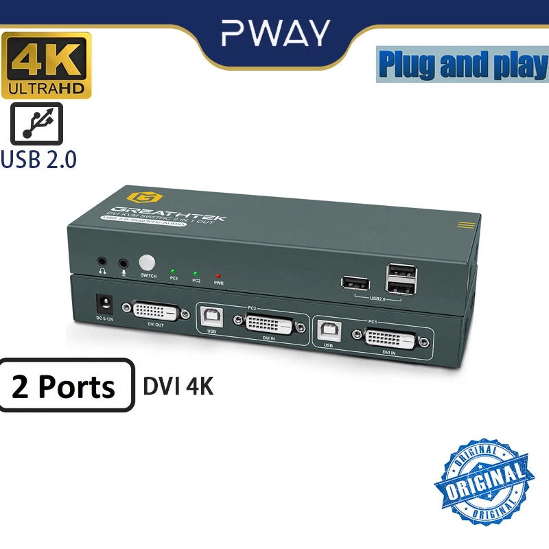 USB KVM DVI Switch 2-In-1 DVI 1.0 Port 1x2 Splitter With 3 USB2.0 Support 4K@60Hz For Sharing Printer Keyboard Mouse EDID