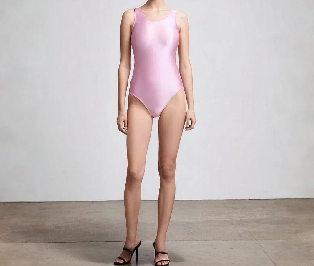 Tight onesie glossy silk solid color base round neck body suit body sculpting silky high fork Scherbin body gymnastics