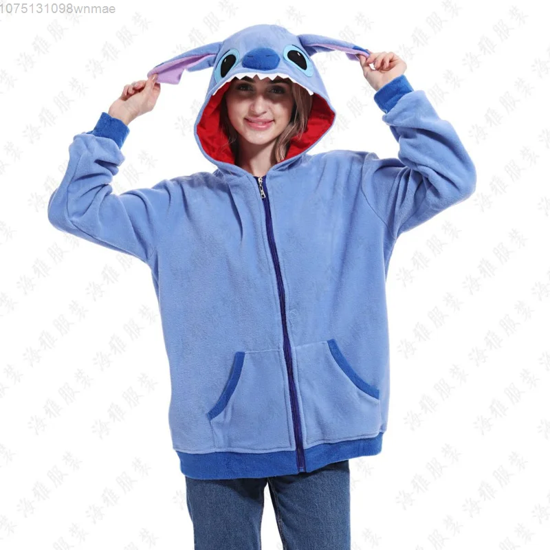 Disney-Women\'s Stitch Cartoon Hooded Zipper Blue Hoodies, Sweet Casual Zip-up Sweatshirts, Cute Clothes, Y2k