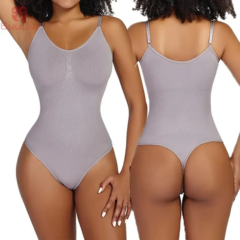 GUUDIA Thong String Bodysuits Spandex Stretchy Shapewear Open Crotch Ribbed Tummy Control Compression Smooth Out Shapers