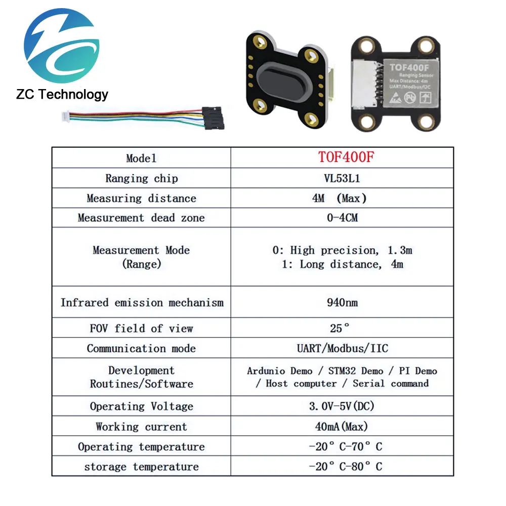 VL6180/VL53L0/VL53L1 Time-of-Flight (ToF) Laser Ranging Built-in MCU Algorithm TOF050F TOF200F TOF400F 50CM/2M/4M MODBUS/IIC I2C