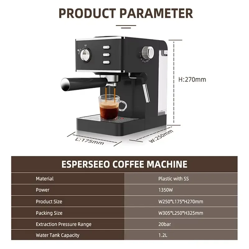 Italian Home Use Semi-Automatic Coffee Machine Electric Pressure Type with Small Milk Frother and Steam Office Ins Style