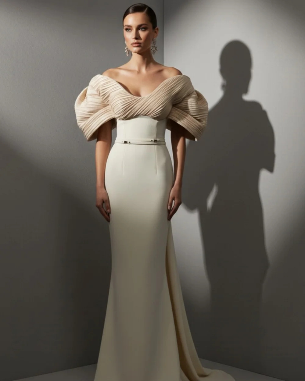 

Customized Modern Style Women Jersey Sash Pleat Mermaid Evening Dresses High Quality Off-the-shoulder Short Sleeves Prom Dresses