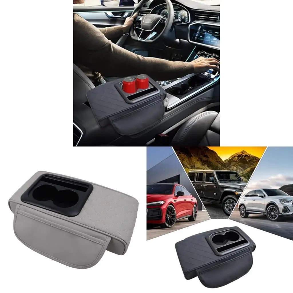 Upgrades Leather Auto Armrest Cover with Built In Drink Holder & Smartphone Stand Vehicle Console Lid for Long Trip