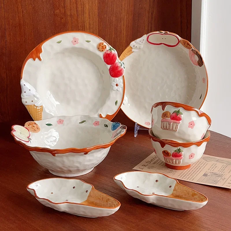 

Cute Strawberry Ice Cream Tableware,Home Sweetheart Relief Soup Plate Bowl Set,Delicate Texture High Texture Decorative Utensils